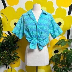 Rad Vintage 1980s Neon Aqua Blue Giraffes Safari Cotton Button Down Shirt